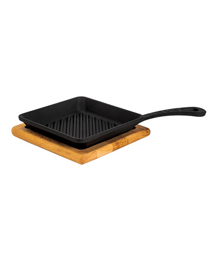 Lava Döküm Mini Kare Izgara Tava Kayın Ahşap Altlıklı 16x16 cm.