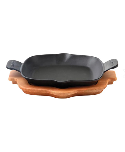 Lava Döküm Kızartma Tavası Kayın Servis Ahşabı Çift Kulplu 26x26 cm.