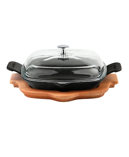 Lava Döküm Kızartma Tavası Cam Kapak Kayın Servis Ahşabı Çift Kulplu 26x26 cm.