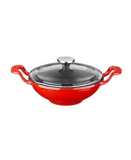 Lava Mini Wok Yuvarlak Döküm Demir Yekpare Kulplu Cam Kapak Metal Tepe Ø16cm.