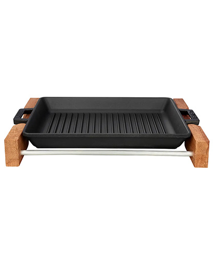 Kare Izgara Tavası Çift Kulplu Kayın Servis Standı 26x26 cm.