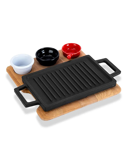 Dikdörtgen Çift Yön Izgara ve Düz Yüzey Hot Plate Kayın Servis Ahşabı Sos Kaplı 22x15 cm.
