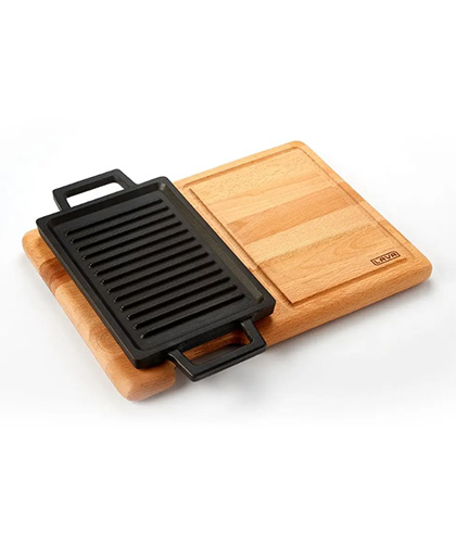 Dikdörtgen Çift Yön Izgara ve Düz Yüzey Hot Plate Kayın Servis Ahşabı 22x15 cm.