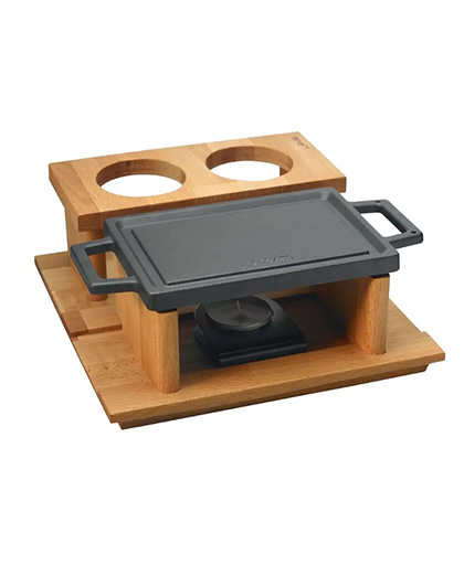Dikdörtgen Çift Yön Izgara ve Düz Yüzey Hot Plate Kayın Servis Ahşap Sos Kaplı 22x15 cm.