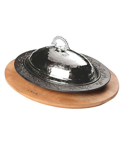 Oval Döner Kebap Tabağı Kayın Servis Ahşabı ve Bakır Dövme Formlu Kapak 28x20cm.