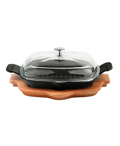 Kare Izgara Tava Çift Saplı Kayın Servis Ahşabı Cam Kapak 26x26 cm.