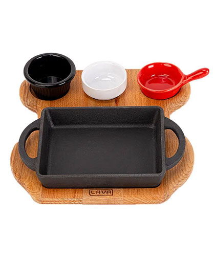 Dikdörtgen Sahan Döküm Demir Yekpare Çift Kulplu Kayın Servis Ahşabı 12x15cm.