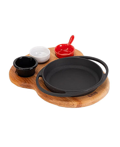 Yuvarlak Sahan Döküm Demir Yekpare Çift Kulplu Kayın Servis Ahşabı Ø16cm.