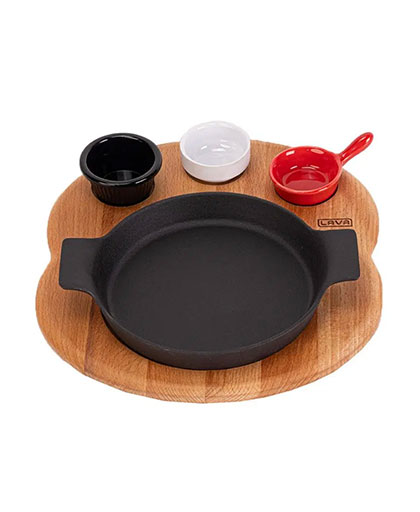 Yuvarlak Sahan Döküm Demir Yekpare Çift Kulplu Kayın Servis Ahşabı Ø18cm.