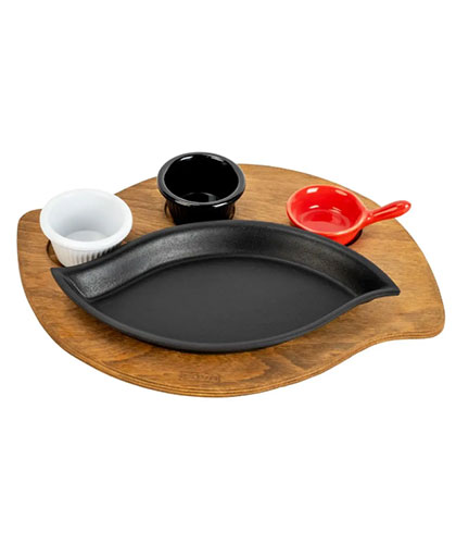 Dikdörtgen Servis Tabağı ve Ahşap altlığı Sosluklu 15x26cm.